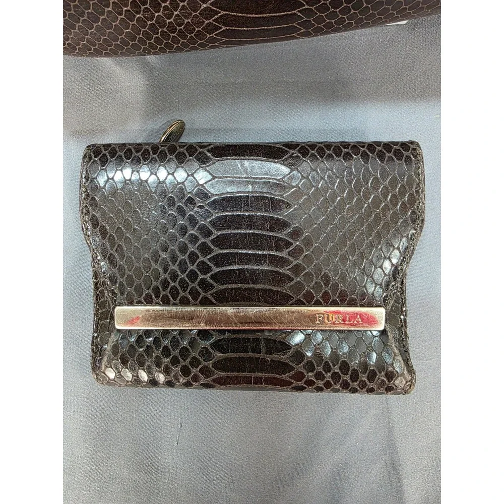Furla Handbag Set Women Medium Brown Good Vintage Python Embossed Metal Handle
